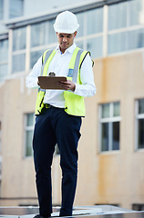 Image showing Notes, planning and construction worker writing about building progress, inspection and maintenance. Security, industrial and safety man on a site to check repairs, architecture and contractor work