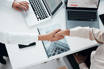 Image showing Deal, partnership and handshake with business people in office for contract, B2B and collaboration. Teamwork, welcome and thank you with employee shaking hands for negotiation, meeting and hiring