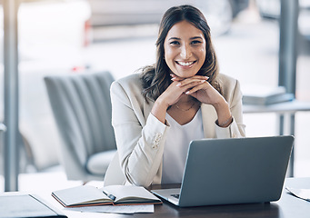 Image showing Woman, portrait and laptop in office planning, legal consulting or policy review feedback in corporate law firm. Smile, happy and attorney lawyer on technology in case research or schedule management