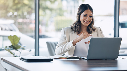 Image showing Woman hands, growth or laptop video call, conference meeting or training workshop presentation for company success. Smile, happy or business worker on technology webinar for profit increase timeline