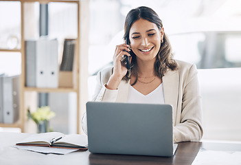 Image showing Lawyer, laptop or phone call in office networking, legal consulting or policy communication in corporate law firm. Smile, happy or talking attorney woman on mobile technology and laptop case research