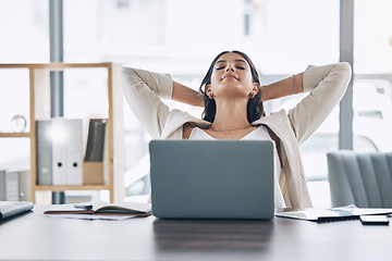 Image showing Happy woman stretching at office desk with health, muscle wellness and work life balance with laptop for career. Young business worker, employee or person relax and peace for project time management
