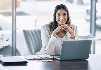 Image showing Attorney, portrait and laptop in office consulting, legal planning or policy review feedback in corporate law firm. Smile, happy and lawyer woman on technology in case research or schedule management