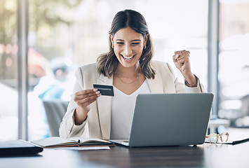 Image showing Winning, credit card and winner woman on laptop for easy fintech, e commerce competition and website sale. Excited corporate person with online shopping app, financial banking or finance loan success