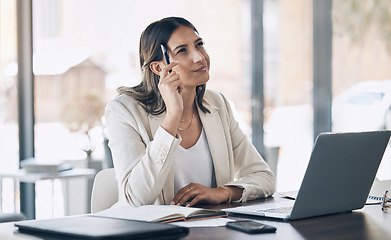 Image showing Thinking, concentrating and laptop with business woman for planning, research and idea. Technology, question and inspiration with employee at desk for solution, designer and creative in startup