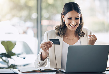 Image showing Finance, credit card and happy with woman and laptop in office for savings, investment or online shopping mockup. Success, fintech or stock market with customer and website for deal, payment or offer