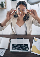 Image showing Hands, woman or glasses for vision wellness, healthcare or clear view of law firm goals, target or innovation. Top view, smile or happy worker and eyewear, laptop technology or lawyer paper documents