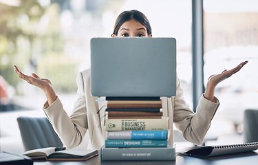 Image showing Woman, portrait or laptop on books stack in office research, finance student learning or corporate education in shrugging emoji. Worker, employee or college technology notebook and confused questions