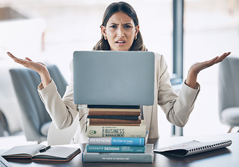 Image showing Stress, portrait or laptop on books stack in office research burnout, finance student learning or corporate education anxiety. Worker, woman or technology with shrugging gesture or confused questions