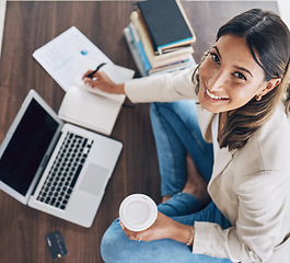 Image showing Top view, woman or laptop portrait for finance student, office investment management or financial growth strategy. Happy smile, worker or technology budget planning, insurance or stock market study