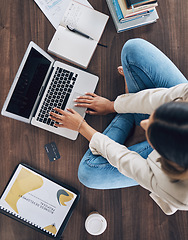 Image showing Top view, credit card or laptop screen for finance worker, office investment management or financial growth strategy. Employee, woman or technology in budget planning, insurance or stock market study