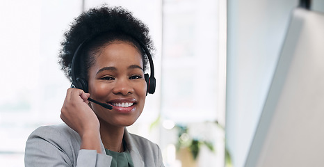 Image showing Black woman, call center and smile by computer for telemarketing, customer service or support at the office. Portrait of African female consultant smiling with headset for marketing, help or advice