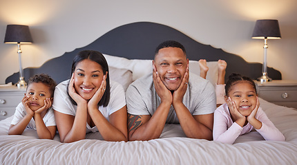 Image showing Black family, portrait and bed relax of a mother, dad and kids together with love and care. Bedroom, home and smile of mama and children feeling happy from parent support with happiness in morning