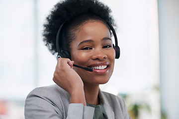 Image showing Black woman, call center and portrait smile for telemarketing, customer service or support at the office. Happy African female consultant or agent smiling with headset for marketing, help or advice