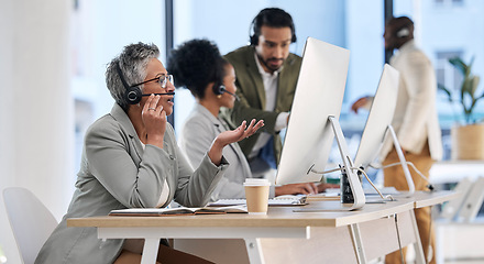 Image showing Call center, office team and people with telemarketing communication, customer support and telecom startup. Talking, computer chat and business woman, employees or agent at consulting agency company