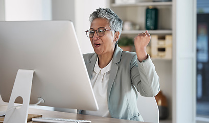 Image showing Senior woman, call center and celebration for winning, sale or promotion in telemarketing at the office desk. Happy elderly female consultant or agent celebrating win, bonus or victory by computer