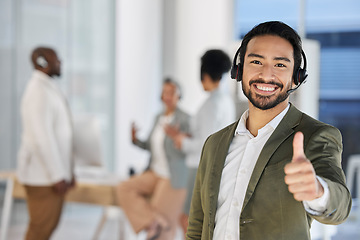 Image showing Asian man, call center and portrait smile with thumbs up for good job, thank you or agree at the office. Happy male consultant or agent showing thumb emoji or sign for success, winning or yes at work