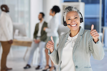 Image showing Senior woman, call center and smile with thumbs up for good job, thank you or agree at office. Portrait of elderly female consultant or agent showing thumb emoji or sign for success, winning or yes