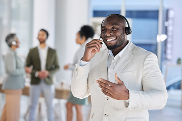 Image showing Call center, customer service and support with a black man consulting working in a telemarketing office. Contact us, crm and questions with a male sales consultant at work in lead generation