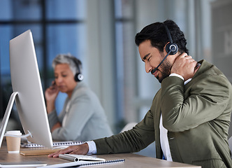 Image showing Neck pain, call center stress and man with fatigue, burnout and medical healthcare risk. Anxiety, tired and muscle injury of telemarketing agent, consultant or overworked technical support person