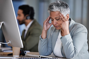 Image showing Headache, senior woman and business stress of office employee with work burnout. Mental health, working and anxiety problem of a elderly worker feeling frustrated from 404 computer glitch at company