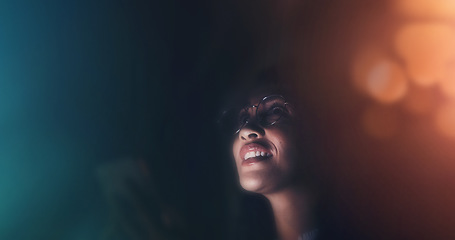 Image showing Businesswoman, phone and smile in communication at night for texting, chatting or networking on dark background. Female employee holding smartphone working late for online planning strategy on mockup