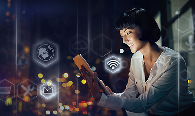 Image showing Woman, tablet and digital transformation in the night city for networking, wifi or technology software icons. Female freelancer in futuristic big data, innovation or global communication on balcony