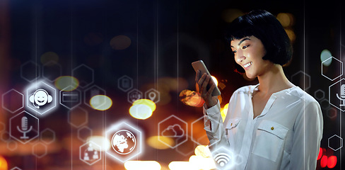 Image showing Woman, phone and digital transformation in the night city for networking, global communication or technology software icons. Female in futuristic big data, social media or innovation on smartphone