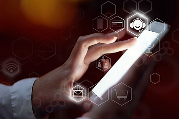 Image showing Hands, phone and software icons on mockup screen for social media, networking or digital transformation. Hand of person touching futuristic smartphone display for big data, innovation or advertising