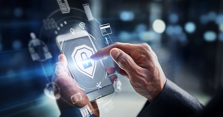 Image showing Hands, phone and digital transformation for cybersecurity, mobile app or technology icons at night. Hand of person on futuristic smartphone, lock screen or biometrics in big data or virtual IoT