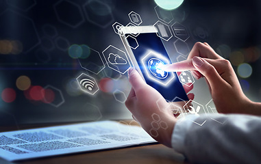 Image showing Hands, phone and digital transformation at night for global communication, networking or technology software icons. Hand of person on futuristic IoT smartphone in big data, innovation or virtual app