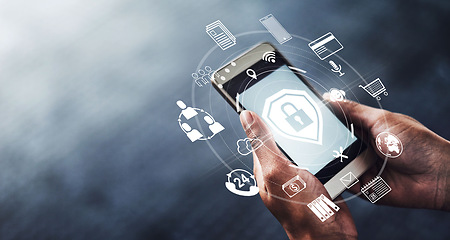 Image showing Hands, phone and digital transformation for cybersecurity, mobile app or technology icons at night. Hand of person on futuristic smartphone, lock screen or biometrics in big data or IoT on mockup