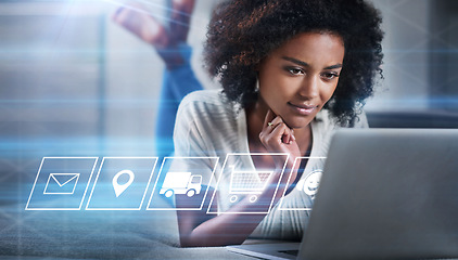 Image showing Woman, laptop and digital transformation on bed for ecommerce, networking or transportation icons. Female online shopping on computer in futuristic big data, innovation or IoT and market app at home