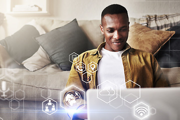 Image showing Digital app overlay. computer infographics and black man working in a living room. Online software hologram, cloud computing and information technology of a remote worker doing web research at home