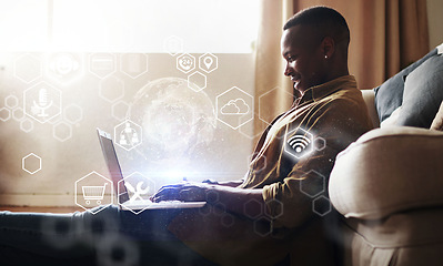 Image showing Digital app overlay, global computer infographics and black man working in living room. Online data hologram, cloud computing and information technology of a remote worker doing web research at home