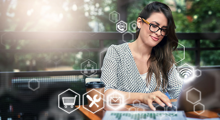 Image showing Woman, laptop and digital transformation in analytics, networking or technology software icons outdoors. Female freelancer in futuristic big data, innovation or cloud computing for strategic analysis