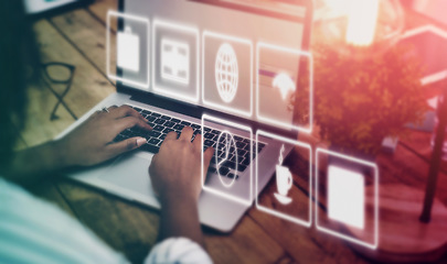 Image showing Laptop, overlay and software with a woman in an internet cafe doing a search for global or financial data. Computer, app or stock market with a person working on information research in a coffee shop