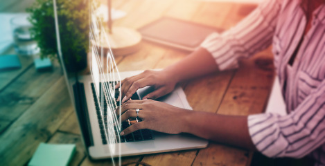 Image showing Computer overlay, software hologram and woman hands typing with web design technology. Website, futuristic online app and digital transformation of a it employee working on ux database and iot