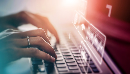 Image showing Computer app overlay, software hologram and woman hands typing for information technology. Website, online applications and digital transformation of a it employee working on ux database and iot