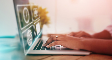 Image showing Laptop icons, digital overlay and hands for networking app, email communication and time management. Woman typing on business computer, ui design and online interface for productivity and planning