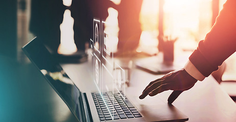 Image showing Computer app overlay, business man hands and laptop data graphic in office with sunset. Cloud computing, website application strategy and iot research of fintech employee working on market search