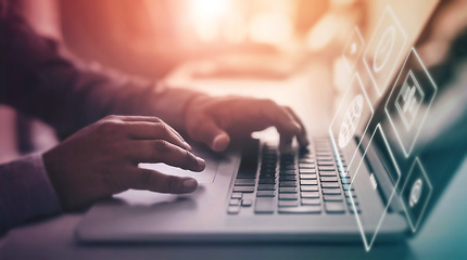 Image showing Laptop data overlay, web app hologram and man hands typing for information technology. Website, online cloud computing and digital transformation of a it employee working on ux database and iot