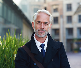 Image showing Portrait, senior man and leader in city, smile and management with confidence, skills and success. Face, mature male employee and manager with corporate deal, happiness and entrepreneur outdoor