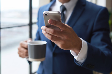 Image showing Email, coffee and hand of a businessman with a phone for social media, communication and chat. Contact, internet and employee reading the news on a mobile app while drinking tea in the morning