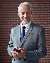 Image showing Portrait, email and a mature businessman with a phone for communication, networking and news. Connection, chat and happy ceo or manager typing a message on a mobile app for executive business