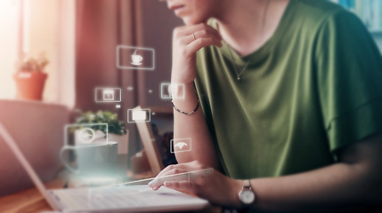 Image showing Developer, hands or laptop hologram abstract in networking cybersecurity, remote iot or programming. Woman, typing or 3d internet technology of dashboard software or futuristic digital transformation