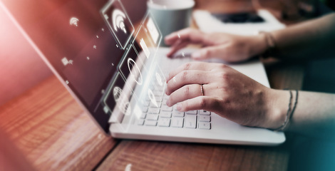 Image showing Woman, hands and laptop hologram abstract in networking cybersecurity, remote research or programming. Zoom, typing and 3d cloud technology of software, dashboard or futuristic digital transformation