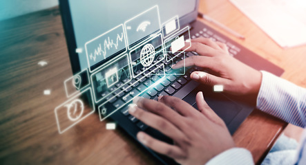 Image showing Businessman, hands or laptop hologram screen in networking, stock marketing trading or financial cybersecurity data. Worker, typing or 3d technology abstract for futuristic dashboard or search engine