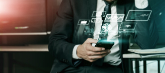 Image showing Worker, hands and phone hologram screen in global night finance, stock market trading or financial software. Businessman, 3d and technology abstract of futuristic app communication or fintech growth