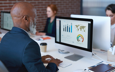 Image showing Analysis, data and black man on a computer for finance, global economy and information on world growth. Planning, reading and African businessman working on stats and graph for financial report